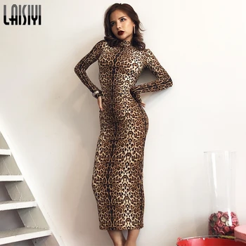 LAISIYI Leopard Tlač Dlhý Rukáv Slim Bodycon Dlhé Šaty 2019 Jeseň Zima Ženy Novej Strany Klubu Šaty Streetwear ASDR22665