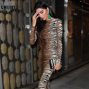 LAISIYI Leopard Tlač Dlhý Rukáv Slim Bodycon Dlhé Šaty 2019 Jeseň Zima Ženy Novej Strany Klubu Šaty Streetwear ASDR22665