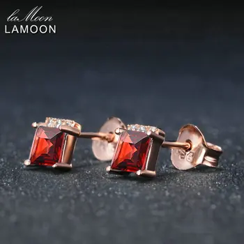 LAMOON Jednoduchý Štýl 4 mm Štvorcových Prírodné Červený Granát 925 sterling-striebro-šperky Stud Náušnice S925 LMEI047