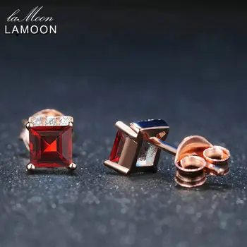 LAMOON Jednoduchý Štýl 4 mm Štvorcových Prírodné Červený Granát 925 sterling-striebro-šperky Stud Náušnice S925 LMEI047