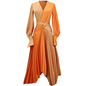 LANMREM 2021 Jeseň tvaru Kontrast Farieb Polovici teľa Dĺžka Svetlice Pás Čipky Orange Dlhým rukávom Šaty Pre Ženy Móda 2A2816