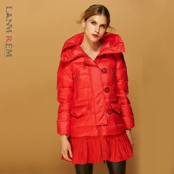 LANMREM black teplý zimný kabát s kapucňou golier voľné, so zipsom dámske oblečenie stredná dĺžka nadol bunda módy nové 2A1562