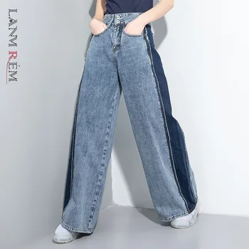 LANMREM Hip-hop módy značky 2021 letné oblečenie prať šitie džínsy kontrast svetla modrá denim obličkového nohavice, Džínsy WM04405L