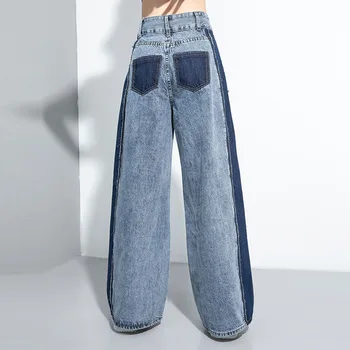 LANMREM Hip-hop módy značky 2021 letné oblečenie prať šitie džínsy kontrast svetla modrá denim obličkového nohavice, Džínsy WM04405L