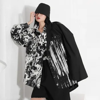 LANMREM nadrozmerná obleky pre ženy začiatku jesene, nové čierna farba tlače voľné dlhý oblek kabát kórejský štýl, módne blejzre 2A818