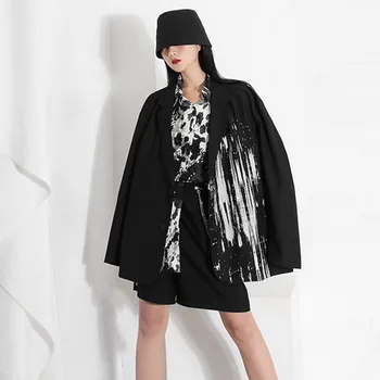 LANMREM nadrozmerná obleky pre ženy začiatku jesene, nové čierna farba tlače voľné dlhý oblek kabát kórejský štýl, módne blejzre 2A818