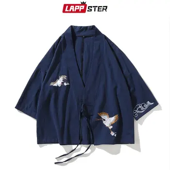 LAPPSTER Mužov Výšivky Žeriav Kimono 2020 Nový Príchod Čínsky Štýl Košele Muž Harajuku Streetwear Vintage Pás Kimono Cardigan