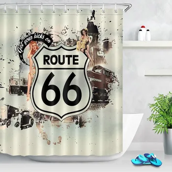 LB Route 66 Krásy Dievča Historických vozidiel Pozadí Sprchové Závesy Nepremokavé Vlastná Kúpeľňa Záclony Pre Deti Vaňou Dekor