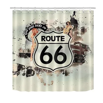 LB Route 66 Krásy Dievča Historických vozidiel Pozadí Sprchové Závesy Nepremokavé Vlastná Kúpeľňa Záclony Pre Deti Vaňou Dekor