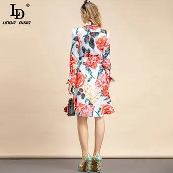 LD LINDA DELLA Jeseň Fashion Dráhy Dizajnér Vintage Šaty Ženy Zase dole Golier Luk Pás Elegantný Kvetinový tlač Mini Šaty