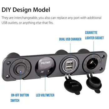 LED Autom/Loďou Prerobit Štyri-jamkové Nepremokavé Prepnúť Panel S Dvojitým USB Nabíjačka do Auta Voltmeter pre zapaĺovač Malé Prepínač