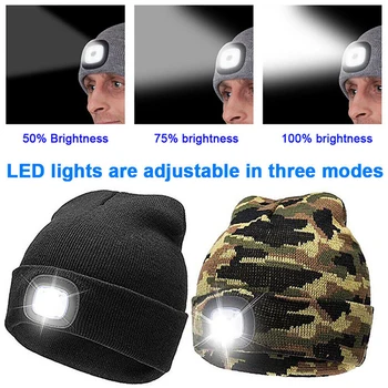 LED Osvetlenie Pletený Hat Pevné Farebné Vlnené Vedúci svetlo Klobúk Jeseň a v Zime Nočný Rybolov Vonkajší Klobúk s 3 Gears Tlačidlo Batérie