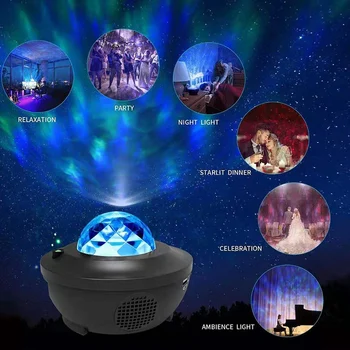LED Star Nočné Svetlo Vody Mávali Hviezdna Projektor Svetlo Bluetooth Hudobný Prehrávač Dataprojektor Zvukovo Aktivovaný Projektor Light Decor