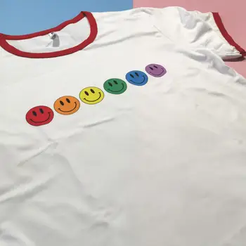 Legrační Tvár Smiley Zvonenie T Shirt Ženy Lete Lumbálna Grunge Tees Plus Voľné 90. ROKOV Punk Kawaii Rainbow Vintage T shirt Ženy