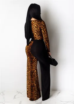 Leopard Tlač Patchwork Sexy Dve Kus Dlhý Rukáv Zábal V Krku Top +Široké Nohavice, Nočný Klub Oblek, Nočný Klub Strany Tepláková Súprava