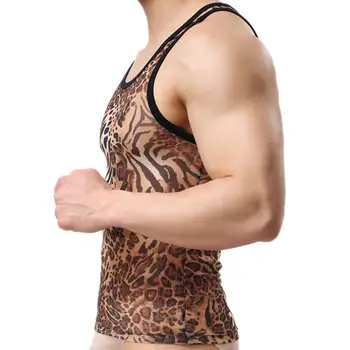 Leopard Tlač Pánske Tielko Vidieť Cez Obyčajné Oka bez Rukávov T Košele Svalov tielko T-shirt Sexy Homosexuáli Bielizeň Oblečenie