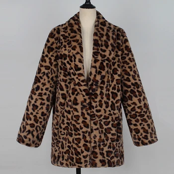 Leopard Tlač Umelú Kožušinu Kabát Pre Ženy Zimné Hrubé Teplé Fashion Umelé Kožušiny dámske Kabáty Bežné Kožušinové Bundy Vrecká Outwear