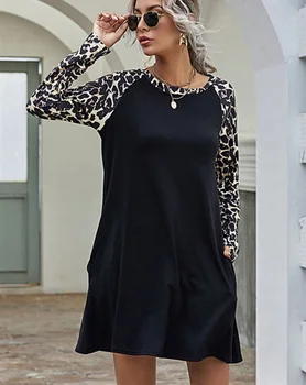 Leopard Vrecku Šaty Žien Dlhý Rukáv Voľné Šaty Raglánové Rukávy Mini Šaty O-krku Jar Jeseň oblečenie pre voľný čas Bežné Čierne Šaty
