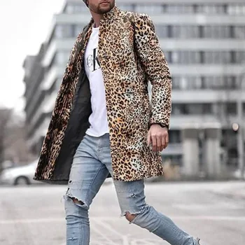 Leopard Vytlačené Štýlový Dlho Zvrchníky Pre Pánske Výkopu Coats Módne Trendy Oblečenie Zimné Stojan Mandarin Golier Textúra Bundy