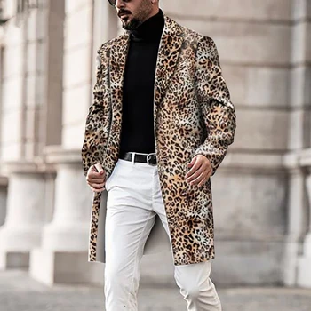Leopard Vytlačené Štýlový Dlho Zvrchníky Pre Pánske Výkopu Coats Módne Trendy Oblečenie Zimné Stojan Mandarin Golier Textúra Bundy