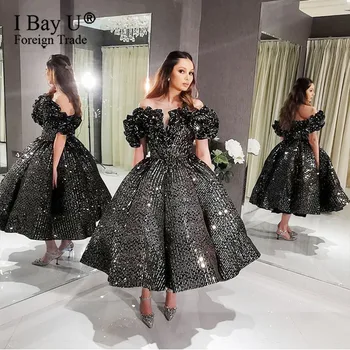 Lesklé Sequin Plesové Šaty Black Silver Večerné Šaty Strana 2021 Luxusné Arabčina Dubaj Sladké Prom Šaty