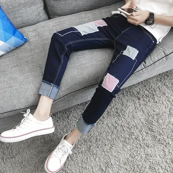 Letná tenká 2020 Módne Bežné ulici denim jeans pánske kórejský patch dizajn slim trendy nových nohy teenagerov, pánske nohavice