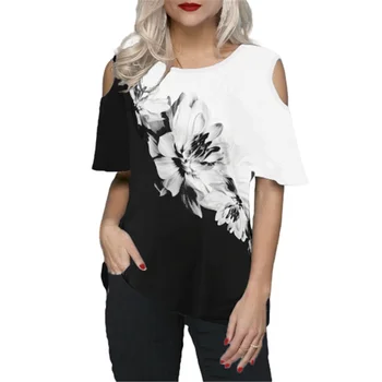 Letné Bežné 3D Kvetinovým Vytlačené T Shirt Nadrozmerné Ženy Krátky Rukáv O-Krku Mimo Voľné Rameno Tees Veľké Veľkosti 5XL Dámske Topy
