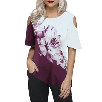Letné Bežné 3D Kvetinovým Vytlačené T Shirt Nadrozmerné Ženy Krátky Rukáv O-Krku Mimo Voľné Rameno Tees Veľké Veľkosti 5XL Dámske Topy