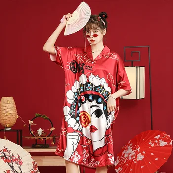 Letné Bežné Ženy Nightdress Župan Tlač Čínsky Štýl Peking Opera Nightgown Sleepwer Krátky Rukáv Voľné Sleepshirt