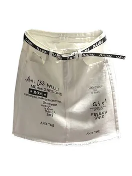 Letné Biela Denim Sukne Ženy Elegantné Vysoký Pás Vpredu Otvor List Tlač Mini Sukne Hip Package Džínsy, Krátke Sukne Faldas Mujer