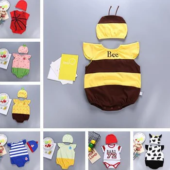 Letné Detské Oblečenie Cartoon Ovocie Vzor Dieťa Jumpsuit + Klobúk Nastavené Novonarodené Dieťa Chlapec Kostým Playsuit Dieťa Onesies 0 24 Mesiacov