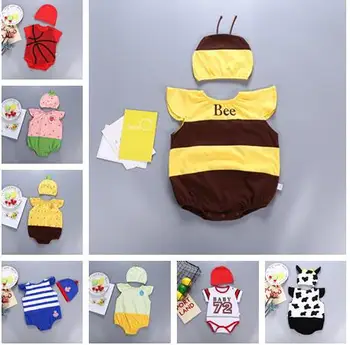 Letné Detské Oblečenie Cartoon Ovocie Vzor Dieťa Jumpsuit + Klobúk Nastavené Novonarodené Dieťa Chlapec Kostým Playsuit Dieťa Onesies 0 24 Mesiacov