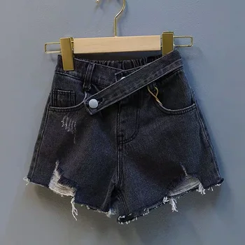 Letné dievčatá džínsy dieťa denim šortky deti hot šortky deti streetwear batoľa dna roztrhlo cross band tlačidlo 3 do 7 rokov