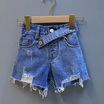 Letné dievčatá džínsy dieťa denim šortky deti hot šortky deti streetwear batoľa dna roztrhlo cross band tlačidlo 3 do 7 rokov