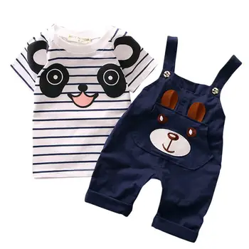 Letné dojčenská chlapcov a dievčatá pruhované-krátke rukávy T-shirt + medveď bib dvoch-dielny oblek ležérne módne batoľa roztomilý denné športové