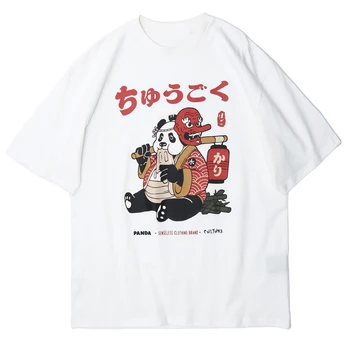 Letné Hiphop Krátke Rukávy Harajuku Mužov Cartoon Panda Tlač Streetwear Tshirts Bavlna Voľné Nadrozmerné Bežné Topy