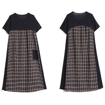 Letné Kockované Šaty Žien 2020 Nové Príležitostné Patchwork Šaty s Vreckami Krátky Rukáv Voľné Plus Veľkosť Šaty Vintage Oblečenie pre Ženy