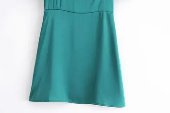 Letné krátke saténové šaty žien, vysoký golier ročník mini šaty lístkového rukáv, krátke zelené šaty vestidos mujer