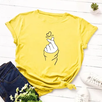 Letné Módy Ženy T-shirt Bavlna 5XL Plus Veľkosť Roztomilý Gesto Lásky Srdca Tlače Bežné Krátky Rukáv Ženský Čaj Topy, Tričká