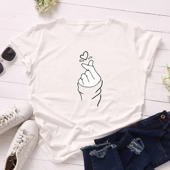 Letné Módy Ženy T-shirt Bavlna 5XL Plus Veľkosť Roztomilý Gesto Lásky Srdca Tlače Bežné Krátky Rukáv Ženský Čaj Topy, Tričká