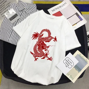 Letné nadrozmerné voľné bežné dámske tričko New Harajuku retro Čínsky drak tlačiť T-shirt O-golier street oblečenie top