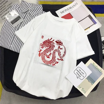 Letné nadrozmerné voľné bežné dámske tričko New Harajuku retro Čínsky drak tlačiť T-shirt O-golier street oblečenie top