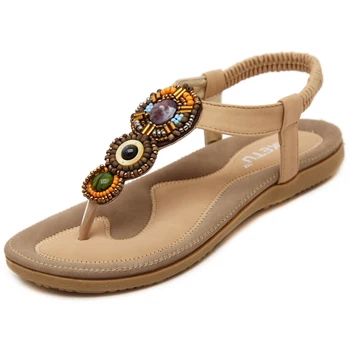 Letné nové dámske sandále Bohemia s plochým dnom módne Žena Sandále národnej vietor zložky prst mäkké dno pohodlné sandále