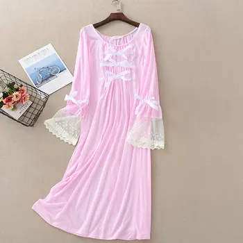 Letné Nové Čipky Nightgown Dlhý Rukáv Pevné Modálne Plus Veľkosť Ženy Odev Okolo Krku Spánku Šaty Nočná Košeľa Sexy Sleepwear