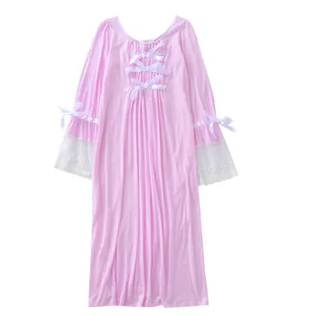 Letné Nové Čipky Nightgown Dlhý Rukáv Pevné Modálne Plus Veľkosť Ženy Odev Okolo Krku Spánku Šaty Nočná Košeľa Sexy Sleepwear