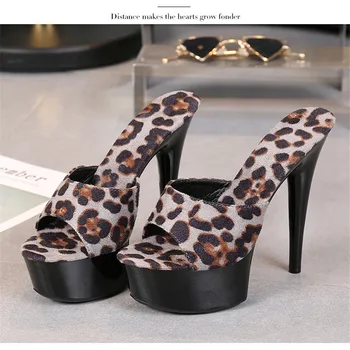 Letné Nový nočný klub sexy vysoké podpätky papuče Ženy leopard dámske papuče, sandále hrubé dno 15 CM topánky, papuče veľkosť 34-43