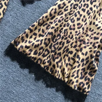 Letné Sexy Leopard Tlač Čipka Košieľka Nightdress+Cardigan Twinset Župan Vyhovovali Dlhý Rukáv Sleepwear