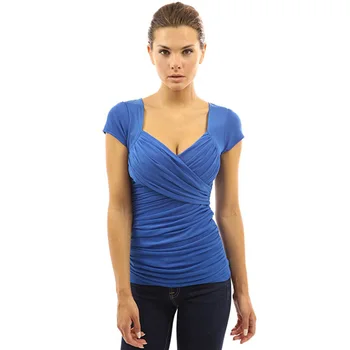 Letné Sexy Modré Tričko Žena T Shirt Ženy Criss Cross Top Krátke Rukáv V krku Slim T-shirt Dievča Topy Dámske Skladaný Tee Tričko