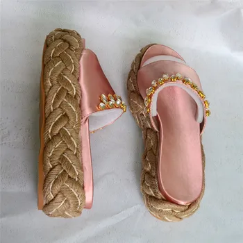Letné Topánky Ženy, ružové a modré saténové, hodvábne Crystal dekor Papuče Platformu klinu vysoké podpätky 2018 Vonkajšie Príliv sandále Žena