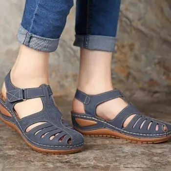 Letné topánky ženy sandále 2021 módne dámy retro šitie dutých von ploché topánky žena platformu pohodlie neformálne obuv žena